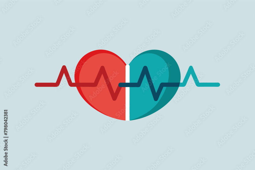 Poster minimalist illustration of two hearts beating in sync, represented by two EKG lines merging into one