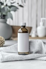 Fototapeta na wymiar Serene Spa Essence: Bottle with Organic Lotion, Fresh Blossoms, and Plush Towel