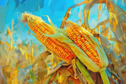 Detailed painting of two ears of corn on a single stalk. Suitable for agricultural concepts