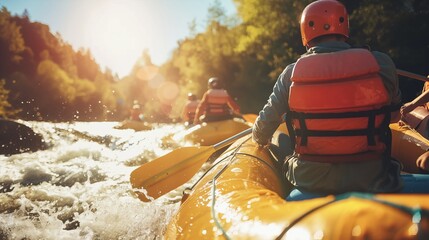 Adventurous individuals revel in the excitement of navigating through exhilarating whitewater...