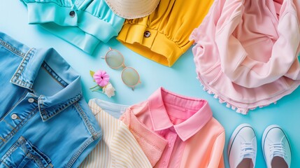 Chic spring attire with soft pastel hues, elegantly displayed against a backdrop of gentle blue, exudes a charming and delightful allure.