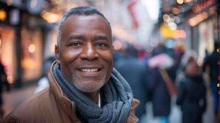 Smiling middle-aged african american man in casual attire with people crowd on background early morning - Powered by Adobe