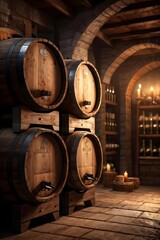 wine cellar filled with oak barrels