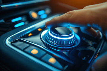 Turning on a hybrid car by pressing the engine start button.

