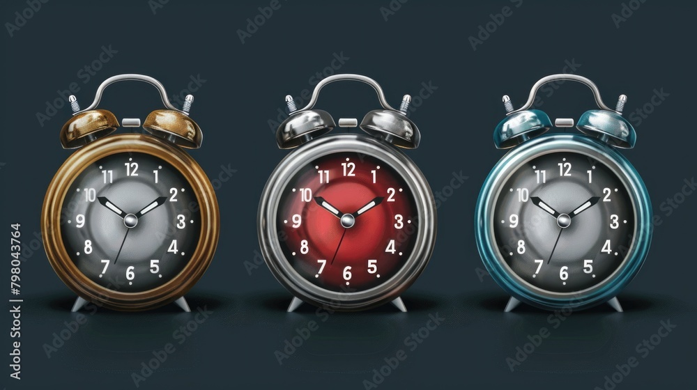 Aufkleber Three different colored alarm clocks sitting side by side. Suitable for time management concepts