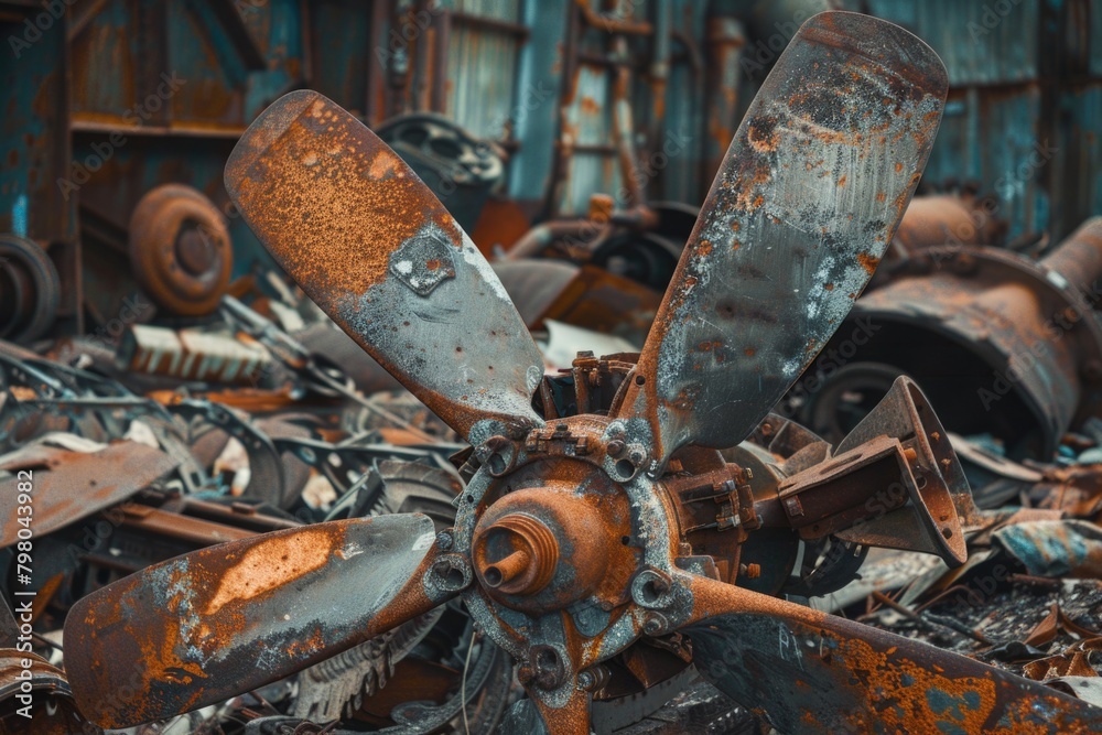 Poster A rusty propeller in a pile of discarded items. Suitable for industrial and recycling concepts