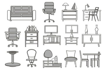 Various furniture icons including chair, desk, table, and more. Suitable for interior design projects