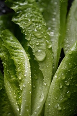 Young and fresh lettuce leaves with water drops.