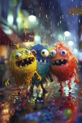 Group of monsters standing in the rain. Suitable for Halloween themed designs