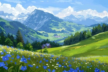 Scenic mountain landscape with beautiful blue flowers, perfect for nature backgrounds