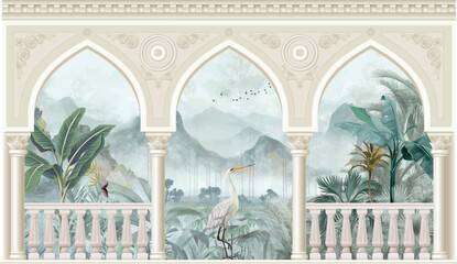 Beautiful garden arch bird mountain lake wallpaper. Watercolor Landscape illustrations. Jungle wallpaper illustrations. © Parimol
