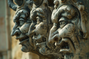 horrorart of three demons stone sculptures, gargoyle faces smiling, ancient architecture, photorealistic // ai-generated 
