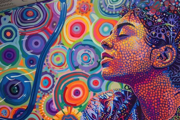 Abstract painting of a woman surrounded by colorful circles. Suitable for art and creative projects
