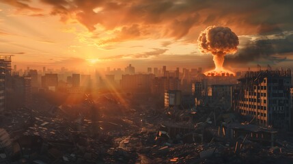 Fototapeta premium Nuclear War Aftermath Buildings Ruins Nuclear Explosion Sunset Sunrise Background