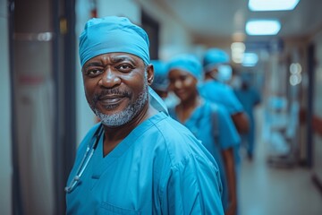 Portrait of happy african american male surgeon smiling in well-lit clinic corridor