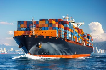 Large container ship sailing on clear summer day, transportation industry concept