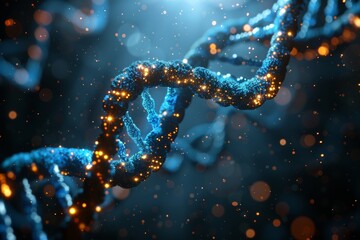 Detailed 3d dna double helix structure on dark blue background - genetic information carrier image - obrazy, fototapety, plakaty