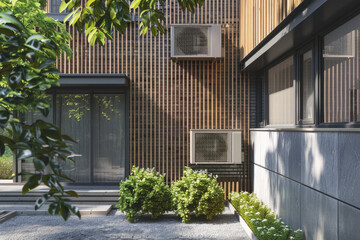 An outdoor air conditioning unit attached to a modern building with windows and a facade.

