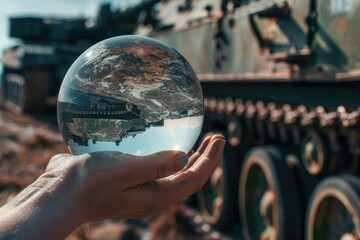 A person holding a glass ball in front of a tank. Ideal for technology concepts - Powered by Adobe