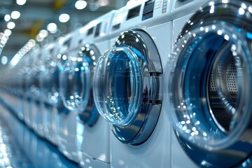 Industrial washing machines in public hotel laundry room with modern appliances for guest use