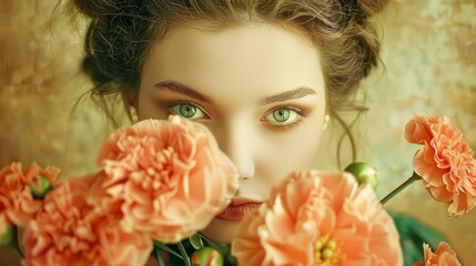 Naklejka premium Vintage-inspired photograph featuring a woman adorned in an exquisite antique dress, elegantly holding a large bouquet of apricot carnations in front of her face