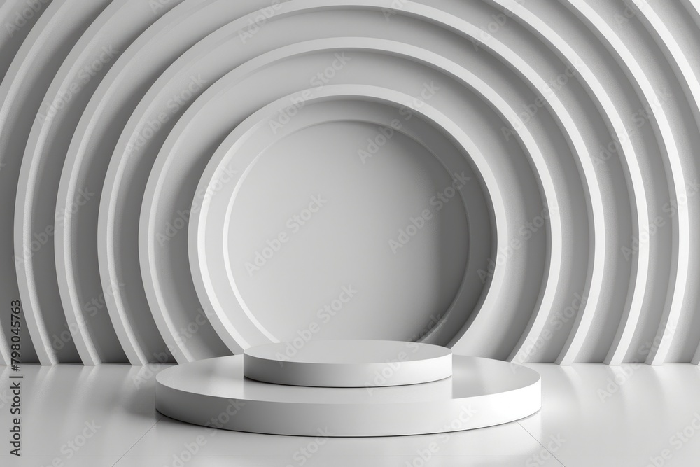 Poster a white podium positioned in front of a circular wall. ideal for presentations and events