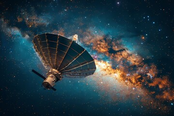 Space satellite with dish exploring universe among stars, scene of exploration and discovery
