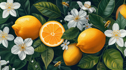 Summer pattern with lemon branch, jasmine flowers and bees. Background with citrus fruits, vector illustration, - obrazy, fototapety, plakaty