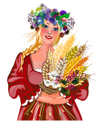 Beautiful girl with  ripe wheat  in hands. Symbol of harvest