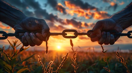 Two hands gripping and breaking a chain against a dramatic sunset, symbolizing liberation and the breaking free from oppression, amidst a field that whispers the promise of growth and new beginnings.