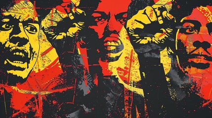 Faces and raised fists, set against a striking red and yellow background, screams defiance and strength, representing unity and the fight for justice.