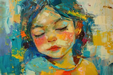 A painting of a young girl with her eyes closed. Suitable for various artistic projects