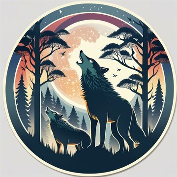 Circular Wolf Stickers showcasing silhouettes of wolves howling beneath a moonlit sky