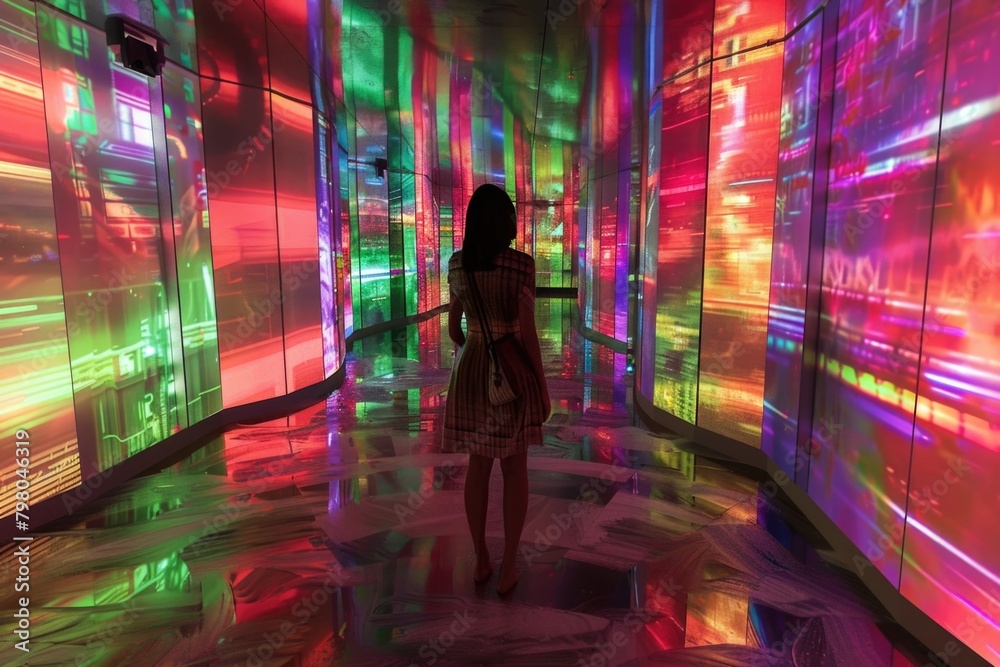 Poster A woman standing in front of a vibrant and colorful wall, suitable for various concepts and designs