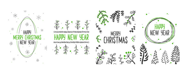 PNG, Happy New Year and Merry Christmas festive decor. Decorated square Christmas postcard with tree, decorations, swirl frames and typographic design.