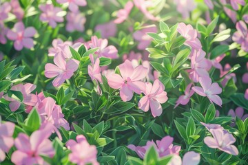 A field of pink flowers with green leaves. Suitable for nature and floral concepts