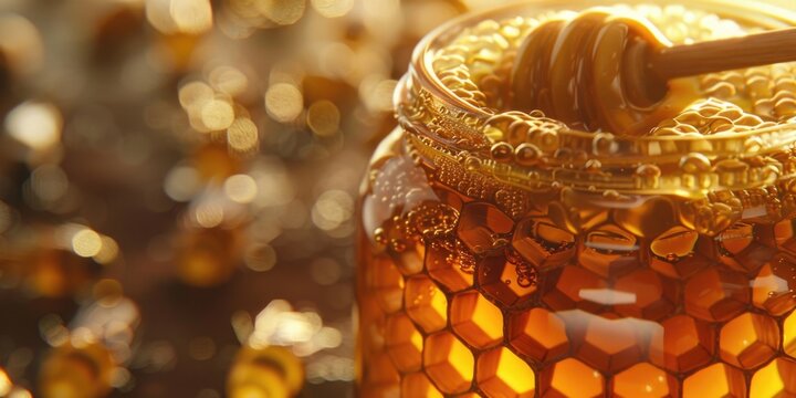 A jar of honey with a wooden stick, versatile image for food and health concepts