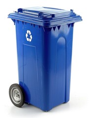 Blue trash can with wheels against a plain white backdrop