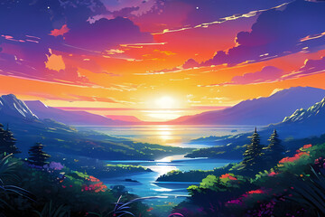 Abstract illustration of sunset over the mountains background, serene wallpaper 
