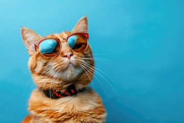 Stylish orange cat wearing sunglasses on a blue background. Great for pet products promotions