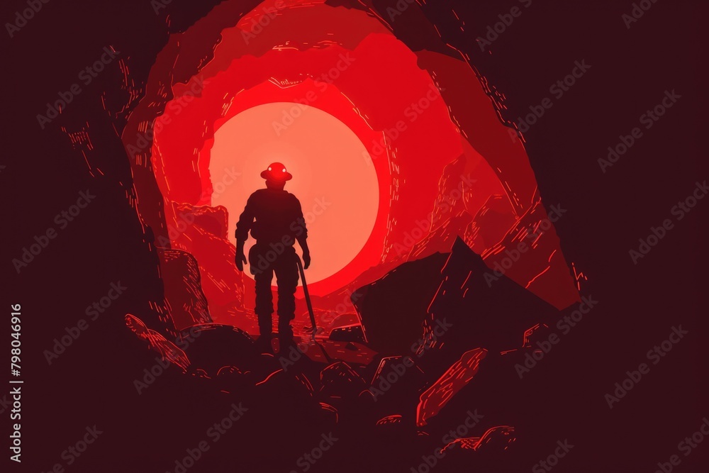 Poster A man standing in front of a red traffic light. Suitable for traffic safety concepts