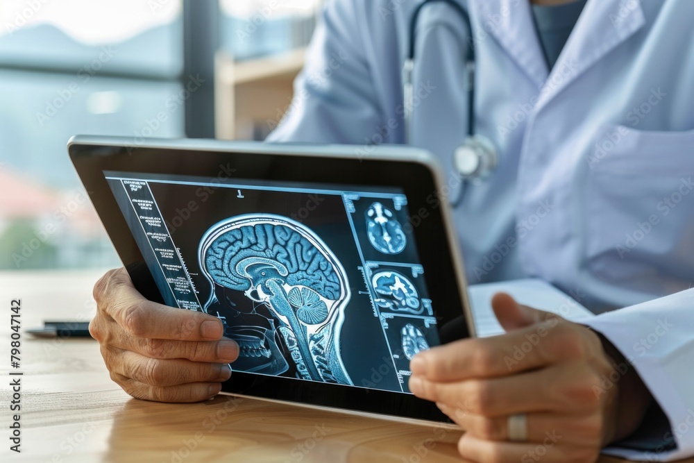 Poster a doctor holding a tablet displaying a brain scan. suitable for medical and technology concepts