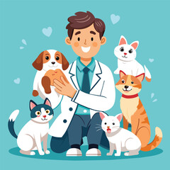 a man with a lab coat and two cats with a lab coat on.