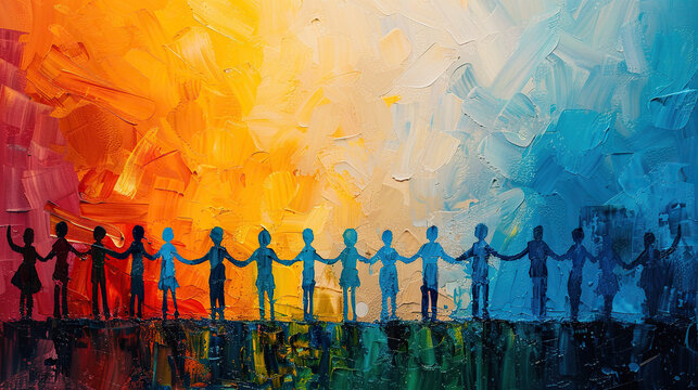 concept of Belonging Inclusion Diversity Equity DEIB or lgbtq, group of multicolor painted people of different cultures and skin, on colorful watercolor white background	
