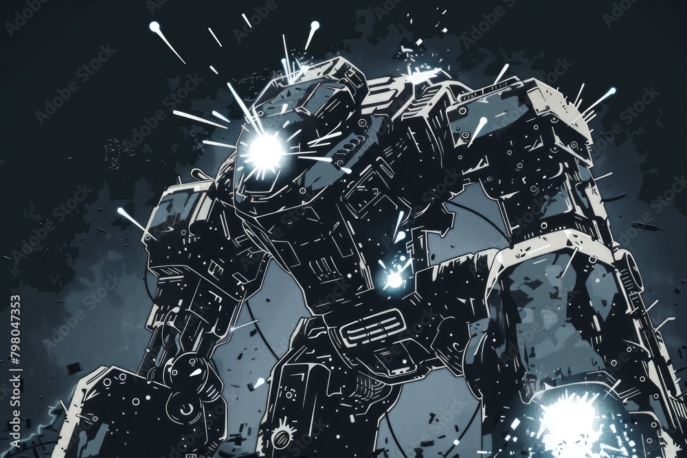 Poster A robot standing in front of a dark background, suitable for technology concepts
