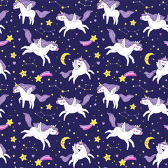Vector seamless pattern of white magical unicorns on the starry sky. Hand drawn illustration of an unicorns, a constellation, and crescent moon on dark blue background