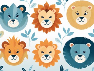 Character lions in simple drawing style, repeating flat graphic pattern, white background ,  vector - obrazy, fototapety, plakaty
