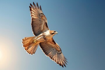A Red tailed hawk going in for the kill, A Cooper's Hawk ,Accipiter cooperii,visits a backyard garden, hawk in flight against a clear blue sky, sharp focus on its spreading wings, embodying 