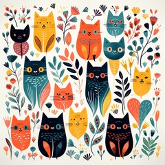Childdrawn multicolor cats, vibrant florals, repeating white background, simple flat graphic ,  childlike drawing