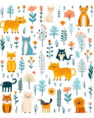 Childdrawn zoo animals, plants pattern, repeating on white, simple flat graphic style ,  vector - obrazy, fototapety, plakaty